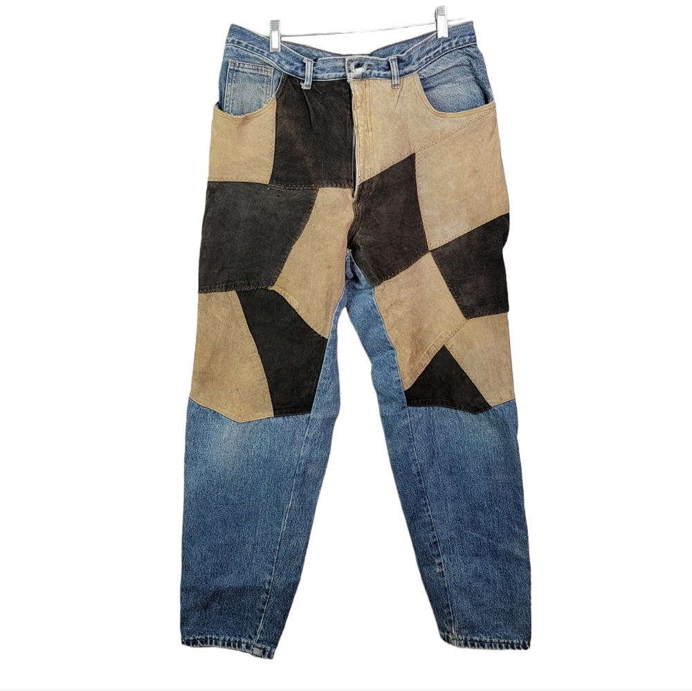 Patchwork Cut & Sew Leather Cowhide Cowboy Ranchwear Workwear Denim Jeans 34